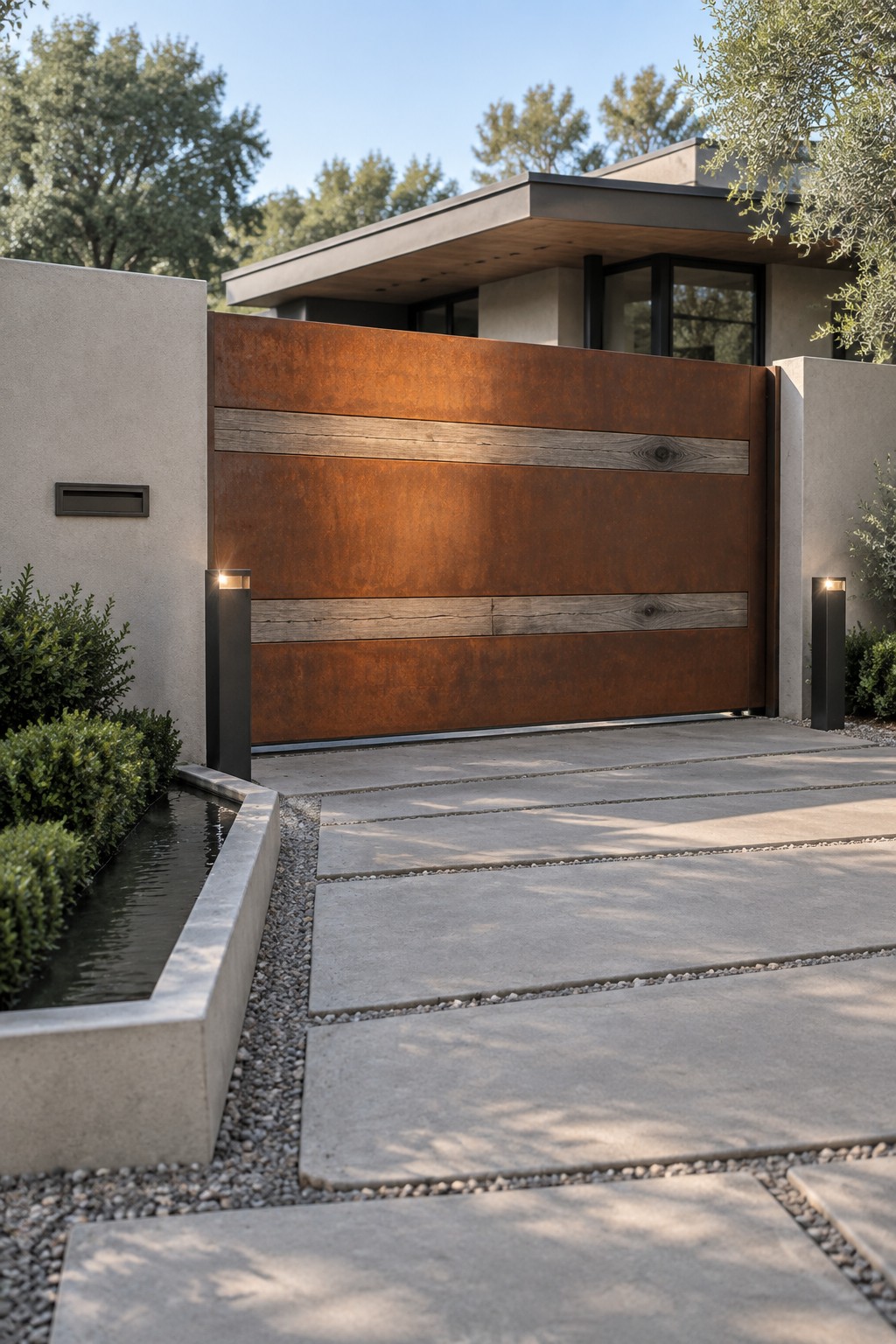 A modern rusted metal driveway gate with two horizontal wood bands, flanked by concrete walls and a stone paver path leading to a contemporary house.