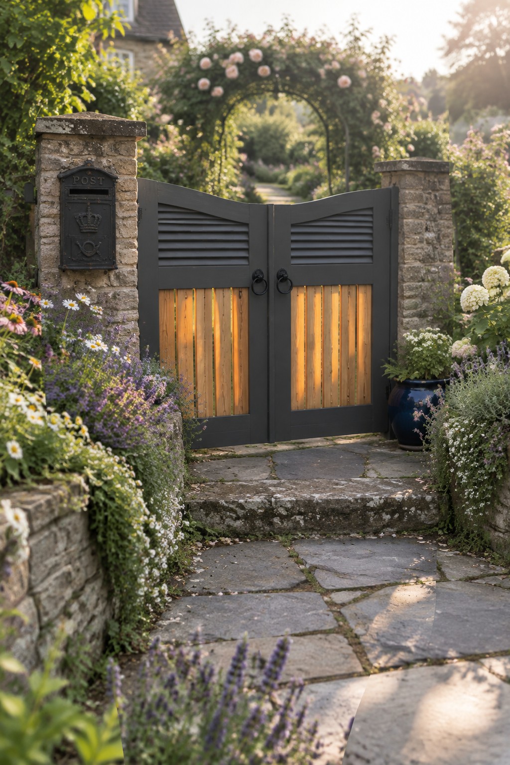 Black gate with glowing wooden panels opens to flower-lined stone garden path