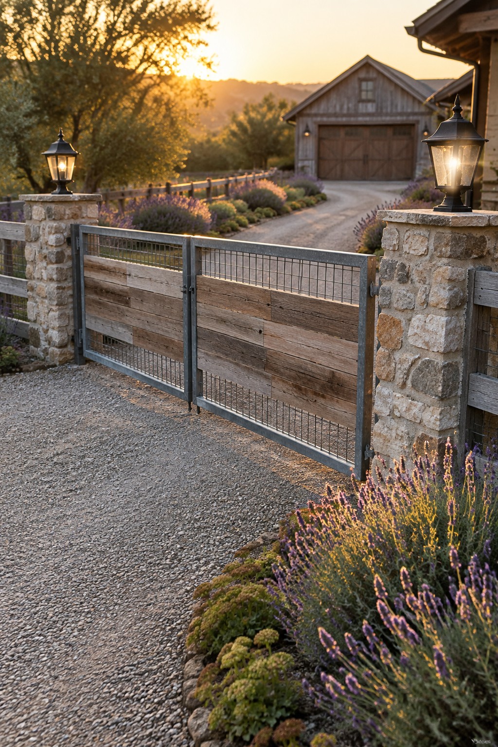 Rustic wooden gate with metal frame between stone pillars amid lavender at sunset