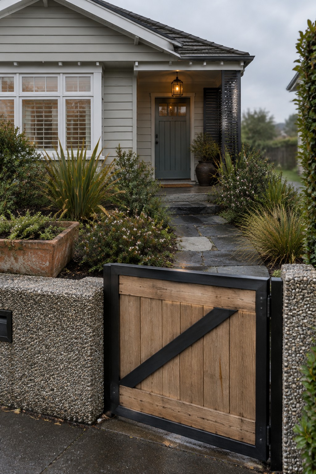 A wooden driveway gate with a black metal frame and diagonal brace stands at the entrance of a light-colored house with a stone path and garden beds.