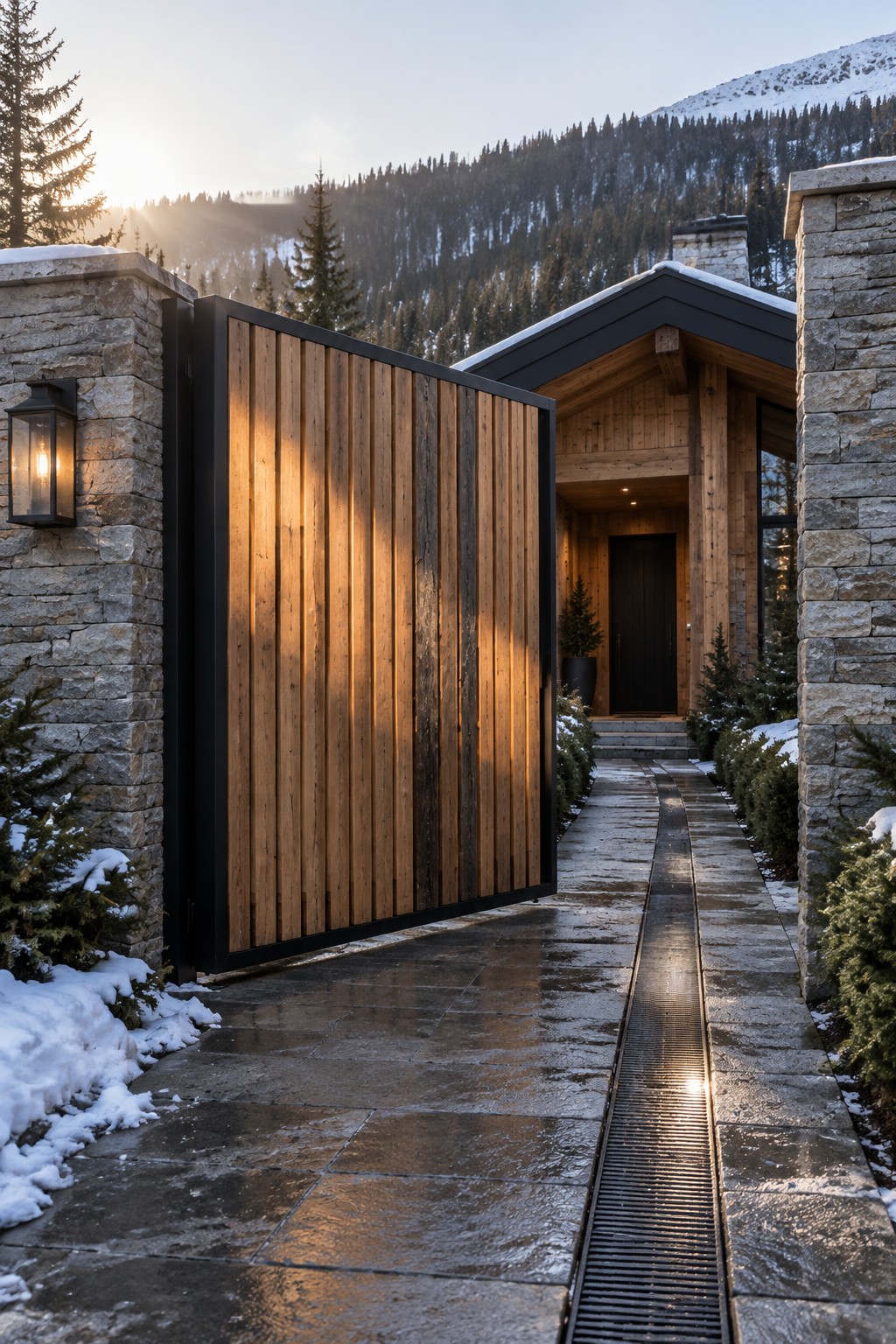 Open wooden gate between stone pillars, path to modern chalet amid snowy mountains.