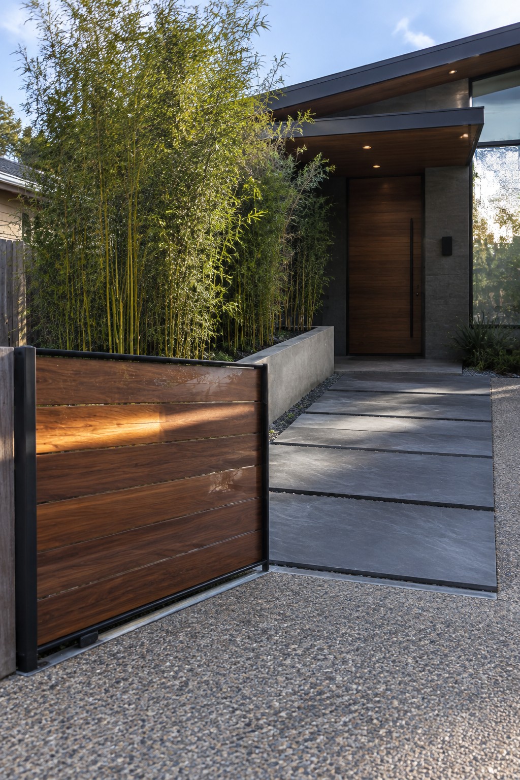 A modern wooden driveway gate with horizontal slats in a black metal frame beside a stone slab path leading to a wood front door.