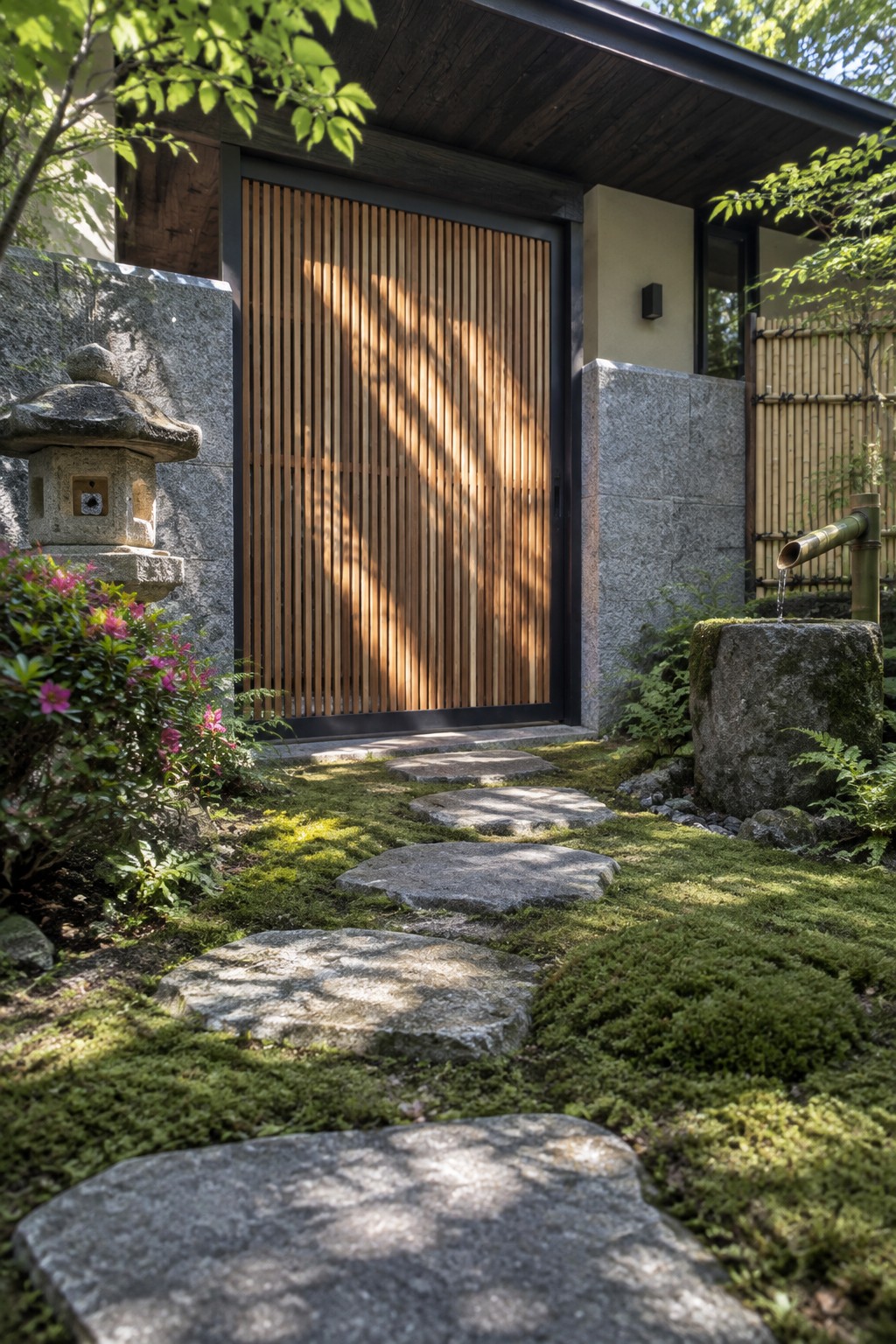 A wooden sliding gate with vertical slats in a dark metal frame, set beside a stone wall with a stone lantern and moss-covered stepping stones leading to the entrance.