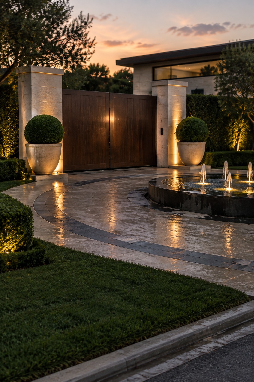 Luxurious modern entrance with wooden gates, stone pillars, and glowing fountain at sunset.