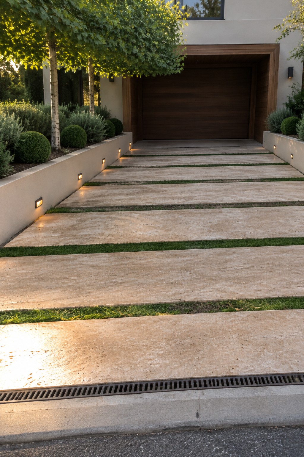 A modern driveway composed of large rectangular concrete pavers separated by narrow grass strips, bordered by low concrete planters containing shrubs and small recessed lights, leading toward a wooden garage.