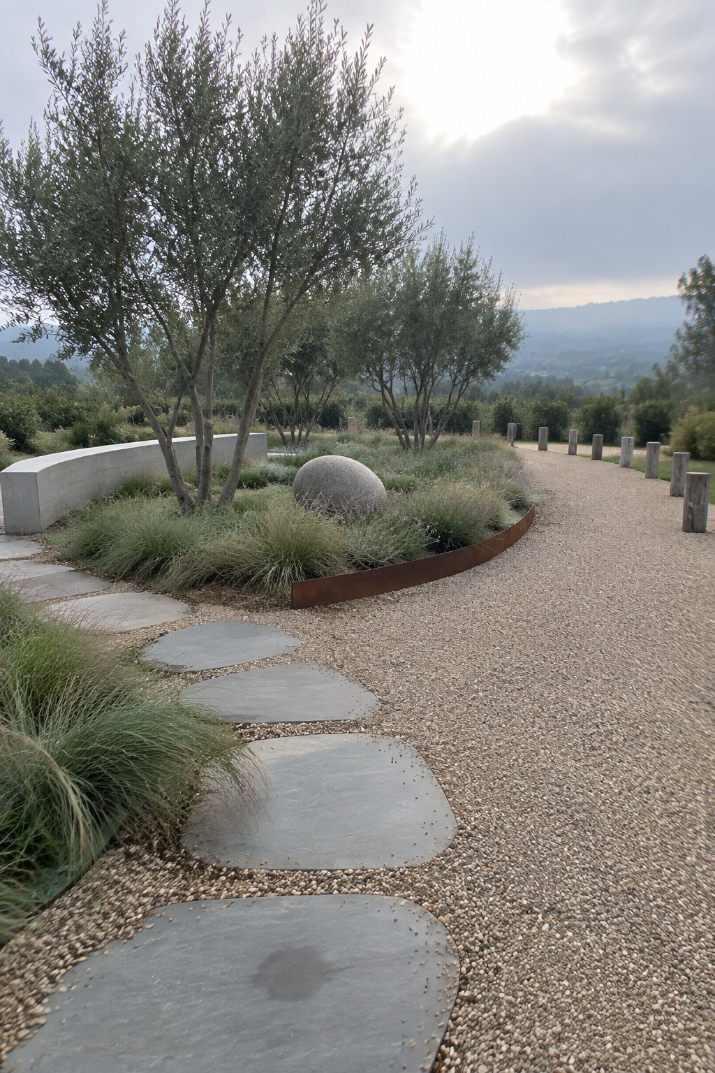 A gravel driveway curves beside a planting bed bordered by rusted metal edging, with large gray stepping stones set into the gravel and olive trees behind.