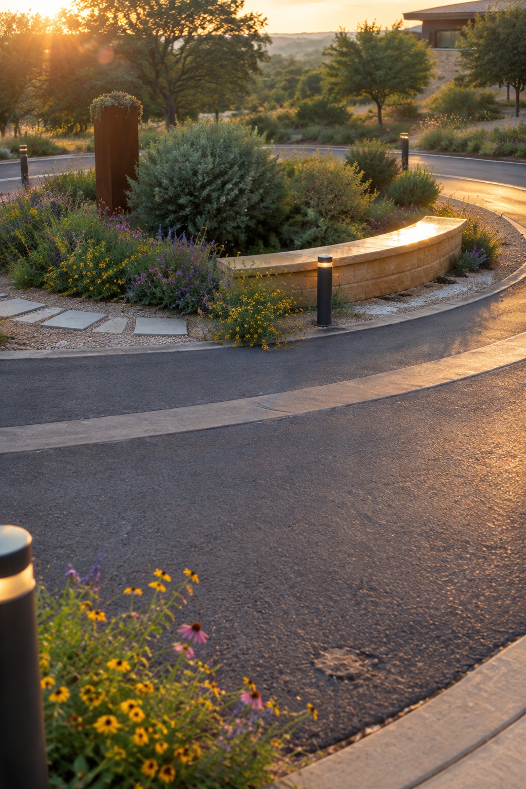 A curved stone bench with lighting borders a planting bed of flowers and shrubs beside a paved driveway.