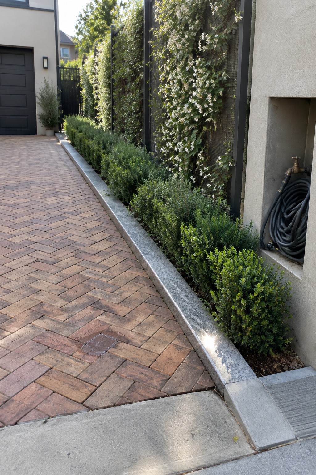 Herringbone brick path beside green shrubs, flowering vines on wall, coiled hose