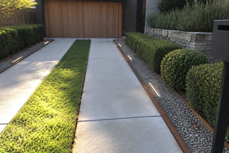 20 Minimalist Modern Driveway Landscaping Ideas With Structured Planting and Hardscape Modern concrete driveway with grass strip, lit gravel border, and wooden garage door