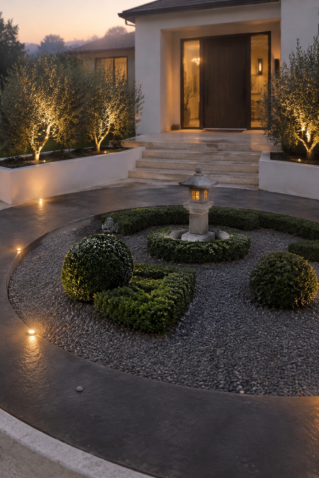 A circular gravel garden at dusk with clipped boxwood hedges in curved and round shapes, a central stone lantern with light, and modern house steps in the background.