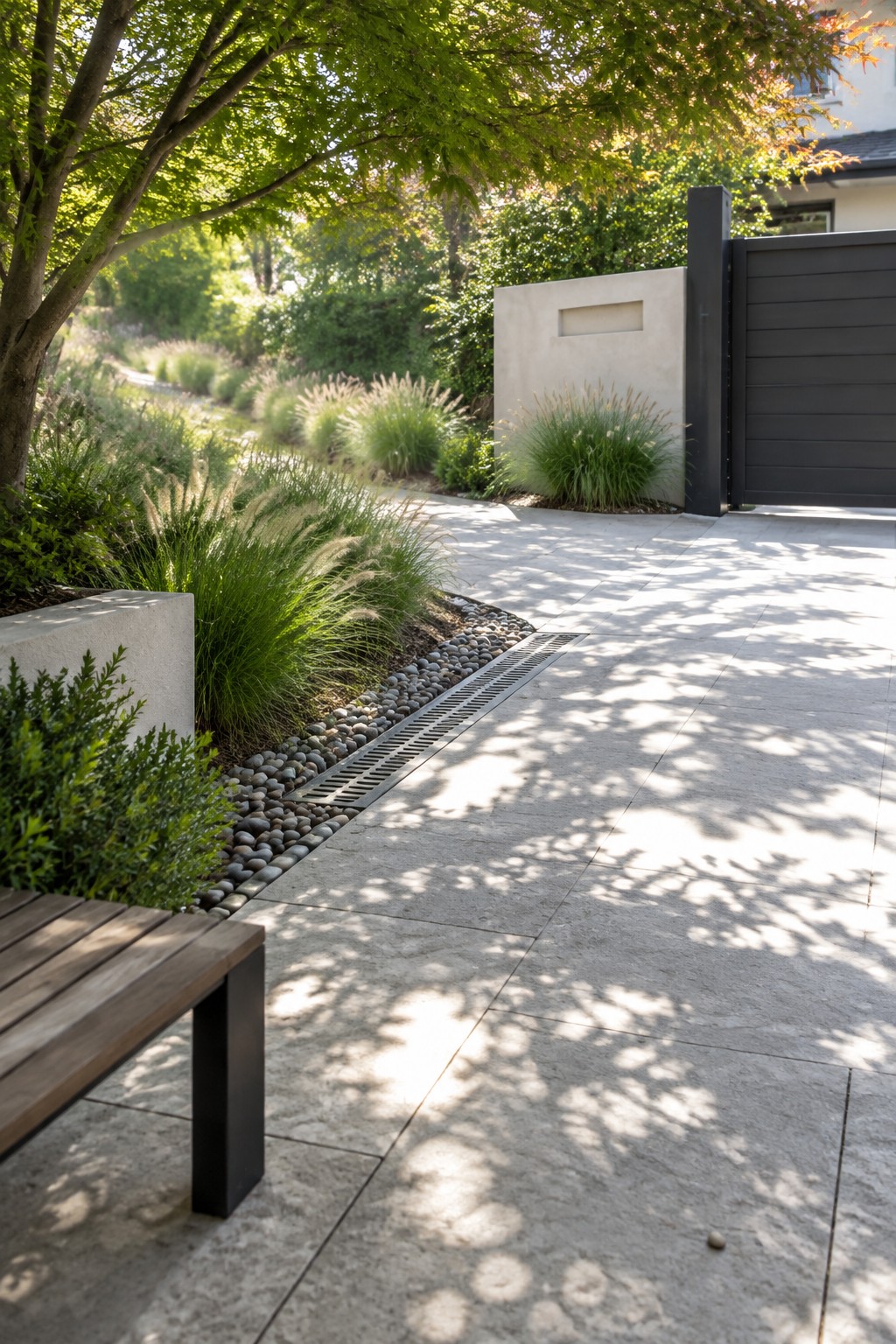 A paved driveway with a linear metal drain grate set beside a border of river rocks and tall ornamental grasses, next to a concrete wall, dark gate, and wooden bench.