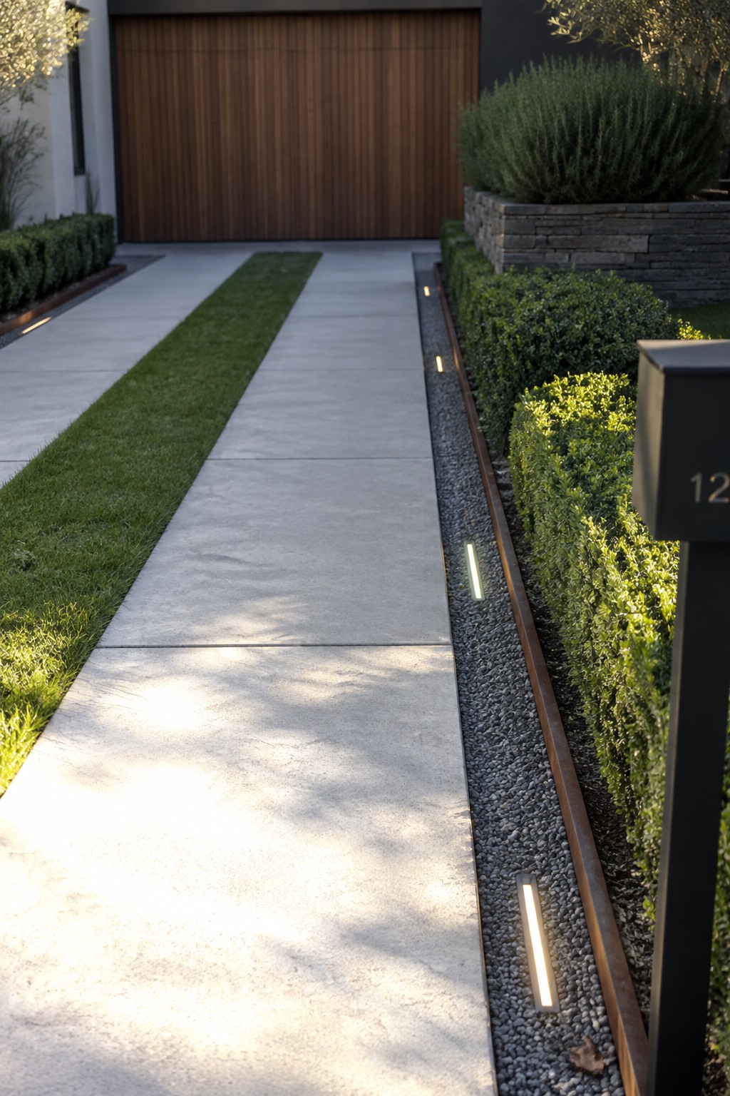 Modern concrete driveway with grass strip, lit gravel border, and wooden garage door