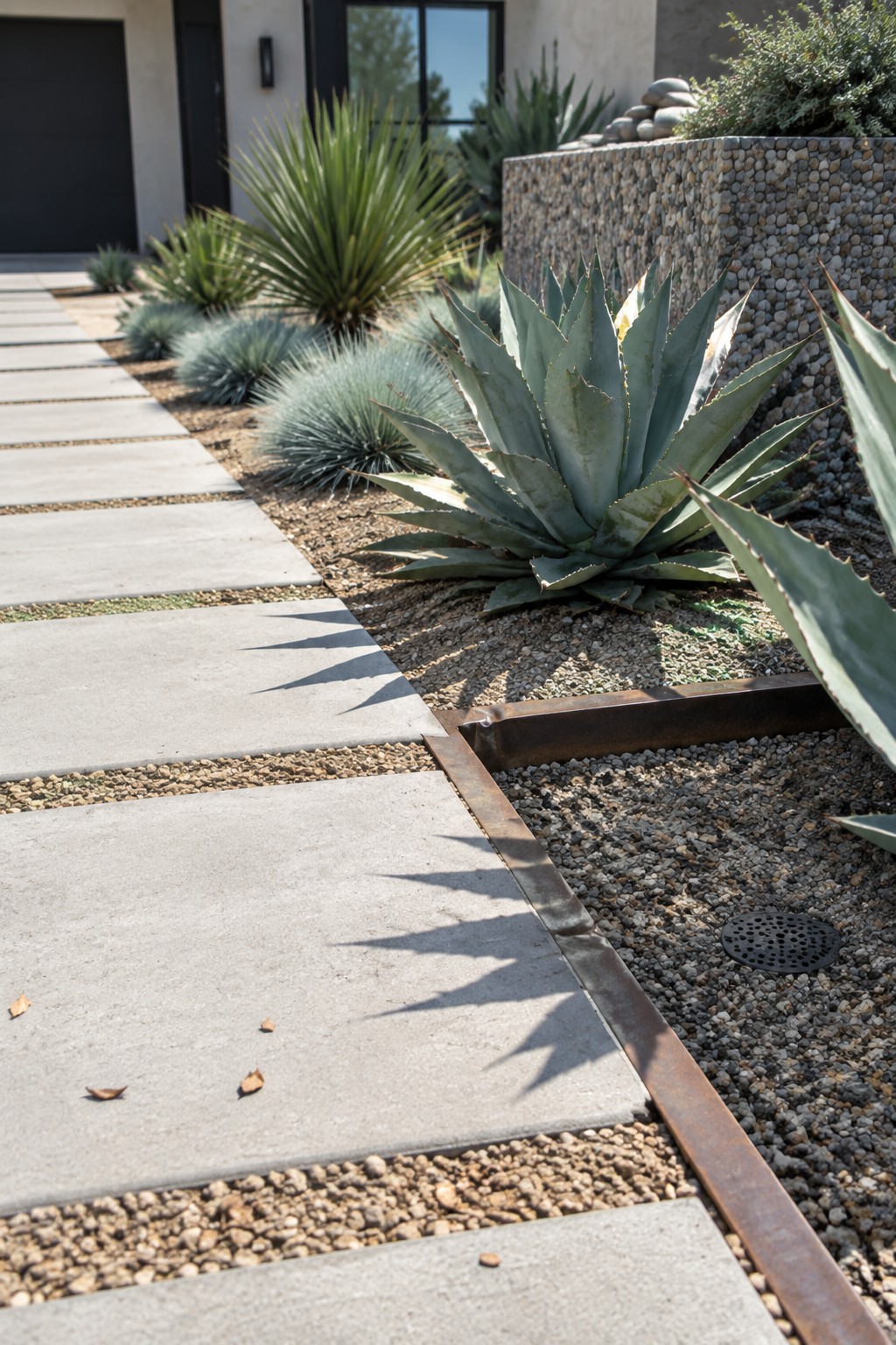 Concrete driveway pavers bordered by rusted metal edging next to gravel beds planted with large agave plants and smaller blue-gray shrubs.