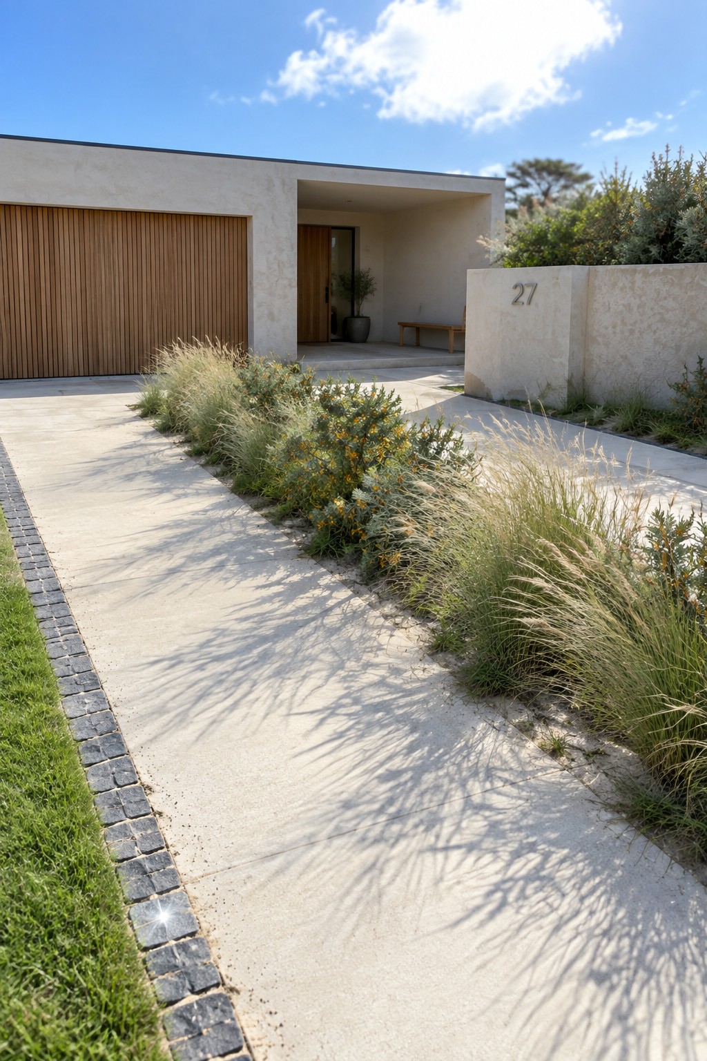 A minimalist modern house with a concrete driveway edged by ornamental grasses and shrubs, a wooden garage door on the left, and a paved entrance area with the number 27 on a wall.
