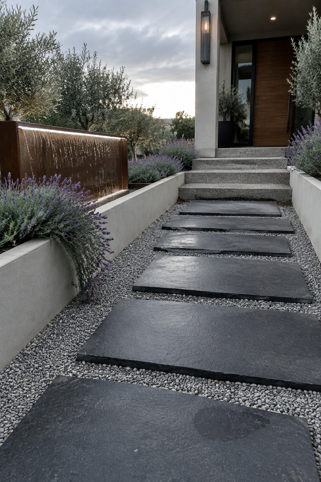 A gravel pathway lined with concrete planters containing lavender plants, featuring large dark stone stepping stones leading toward concrete stairs and a modern house entrance.
