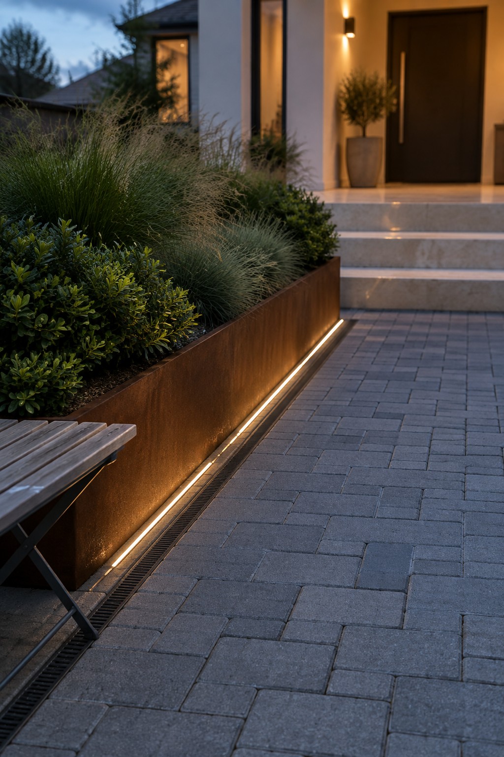 A modern house entrance featuring a long raised corten steel planter with layered green shrubs and ornamental grasses, a linear LED light strip along its base, and adjacent gray pavers leading to stone steps.