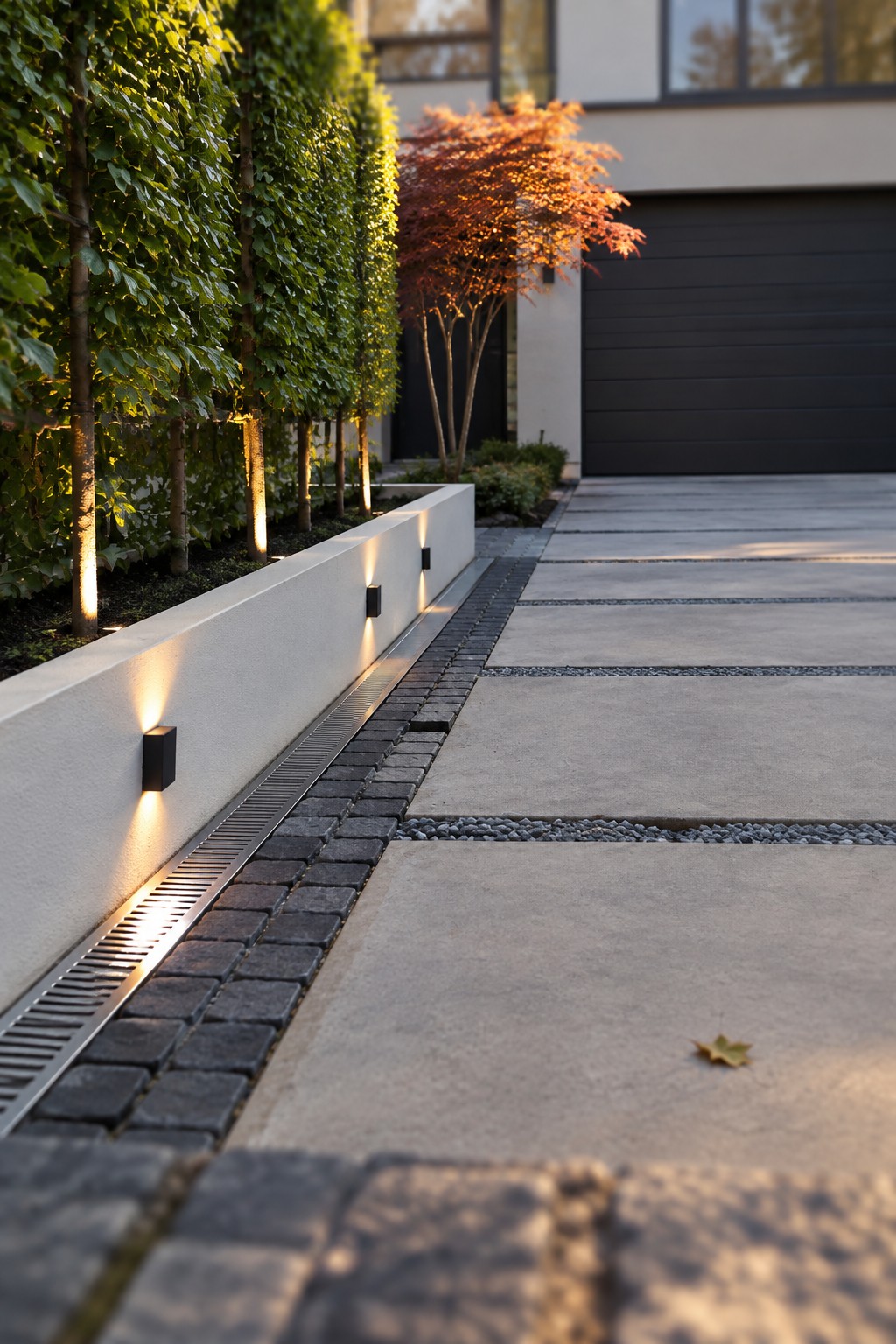 A modern concrete driveway bordered by a raised white planter wall with tall green trees, a red-leafed tree, integrated black wall lights, and a linear metal drain.