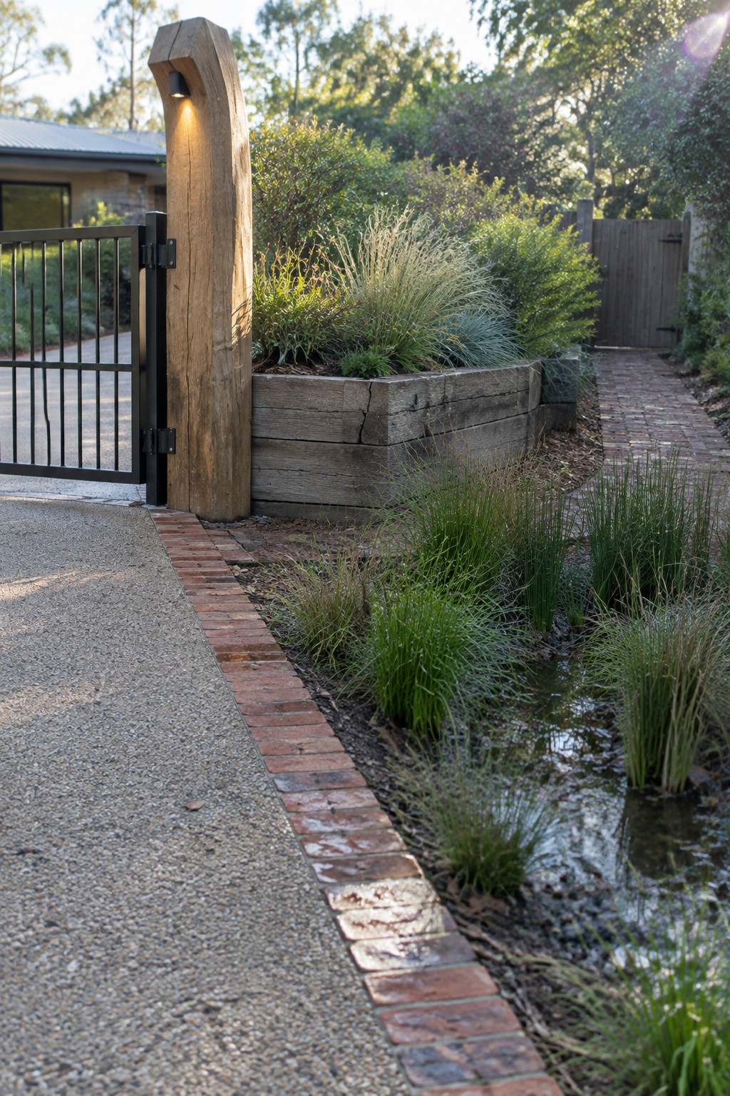 Black metal gate on wooden post beside brick path and planted water feature