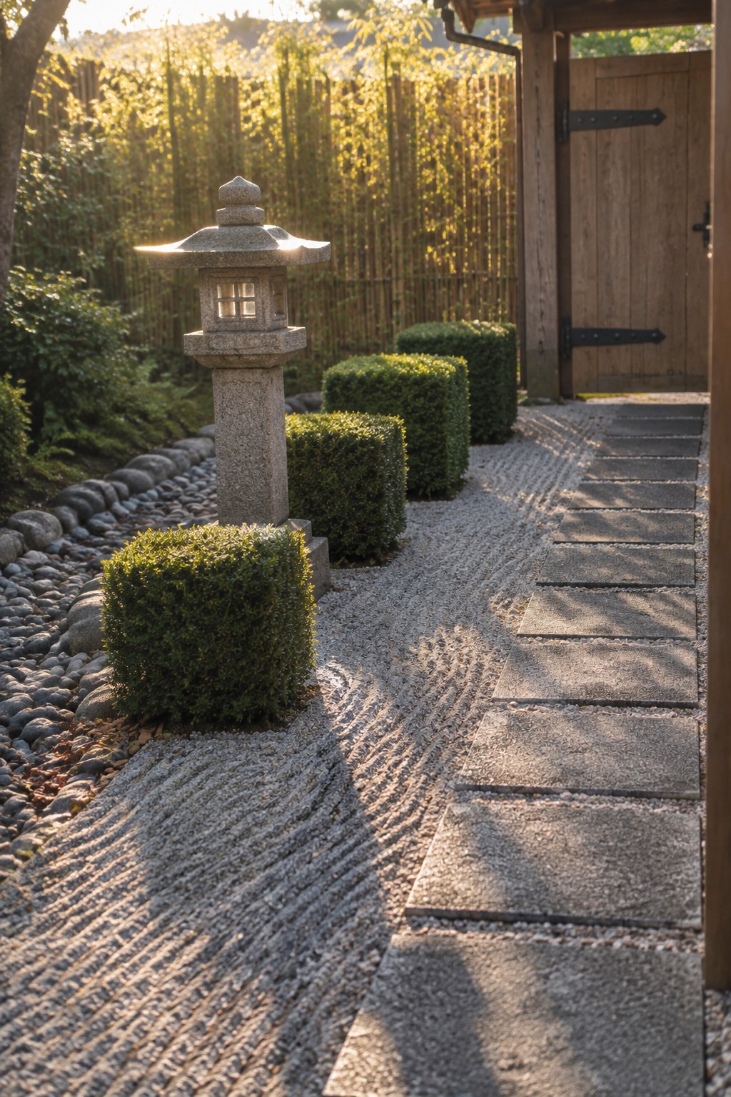 A stone lantern beside a raked gravel path with boxwood shrubs and stone stepping stones leading to a wooden gate.