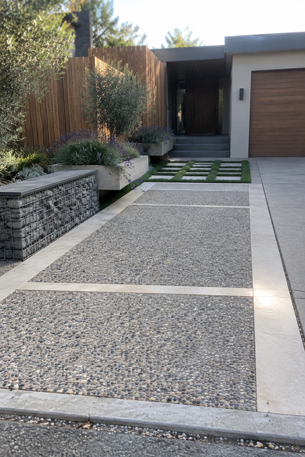 A modern house driveway made of gravel sections divided by light stone bands, with concrete planters holding lavender and an olive tree on the left beside a gabion wall.
