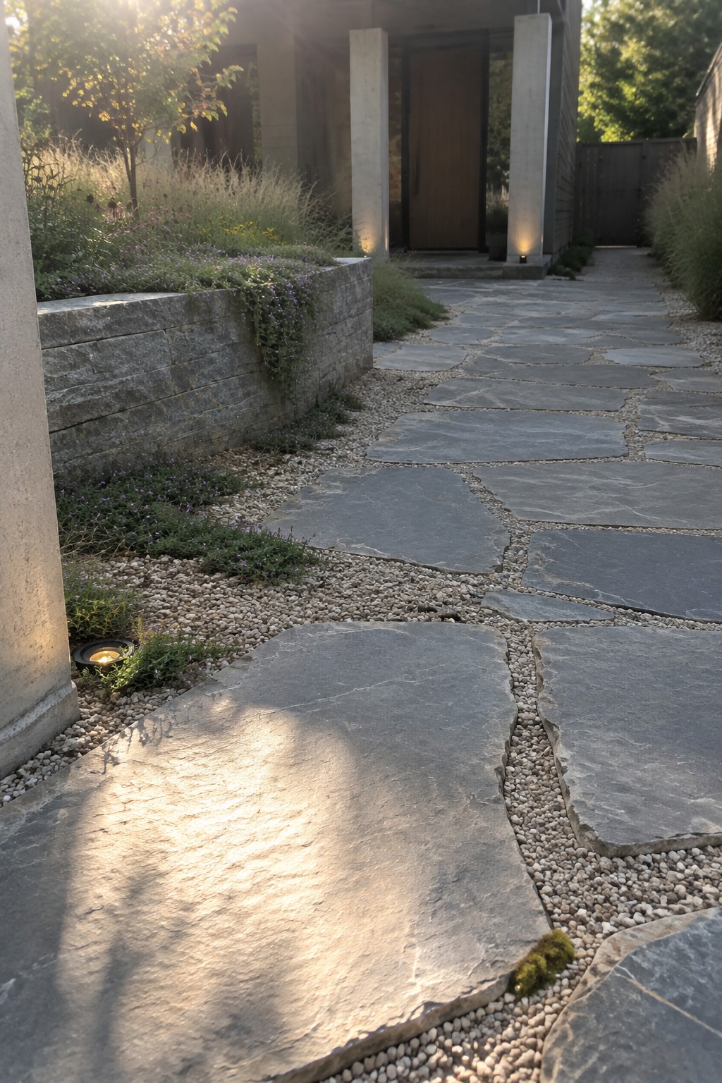 Sunlit flagstone path with gravel leads to wooden door between concrete pillars.