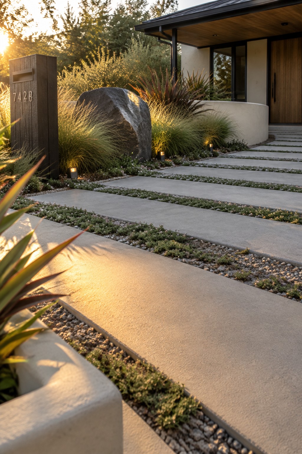 A modern concrete paver driveway with gravel strips between slabs, bordered by ornamental grasses, a large boulder, and small landscape lights leading to a house entrance.