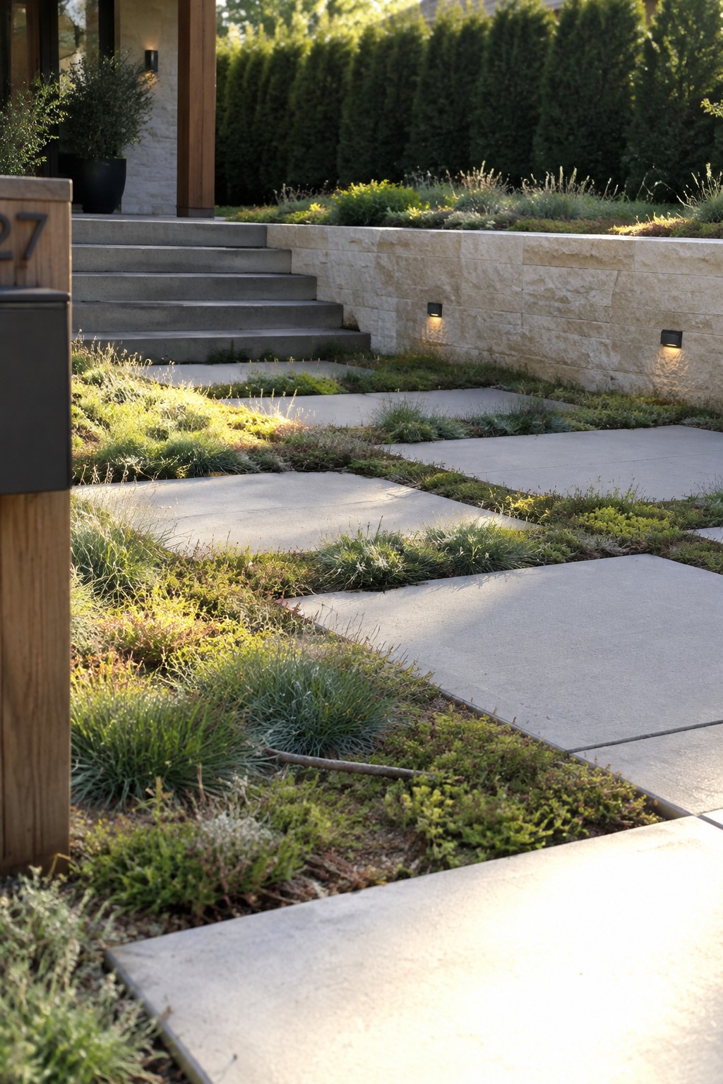 A concrete paver path with low green plants and grasses growing between the slabs, running alongside a light stone retaining wall with small recessed lights.