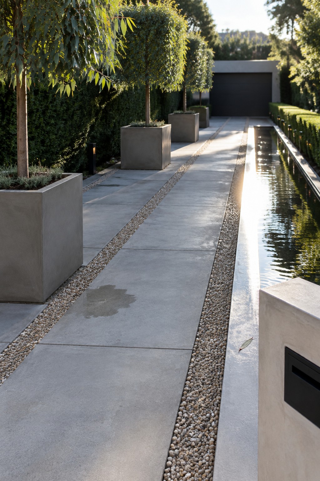 A long concrete driveway with gravel strips, large square concrete planters holding trees on the left, and a narrow water channel running along the right side toward a modern garage.