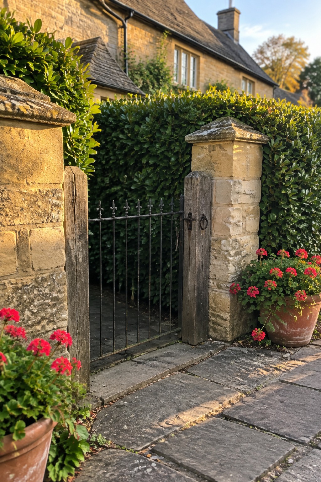 A black metal gate between stone pillars and wooden posts opens onto a paved path leading to a stone house, with dense green hedges, potted red flowers, and a gravel driveway edge.