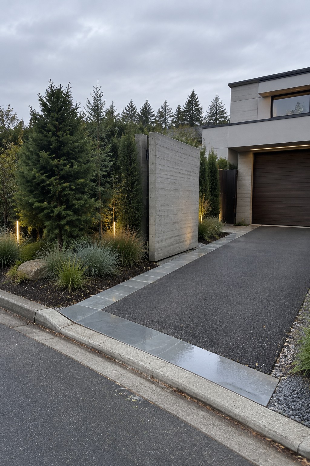 A modern concrete house with a tall vertical concrete gate panel screening the driveway, set beside landscaping and trees.