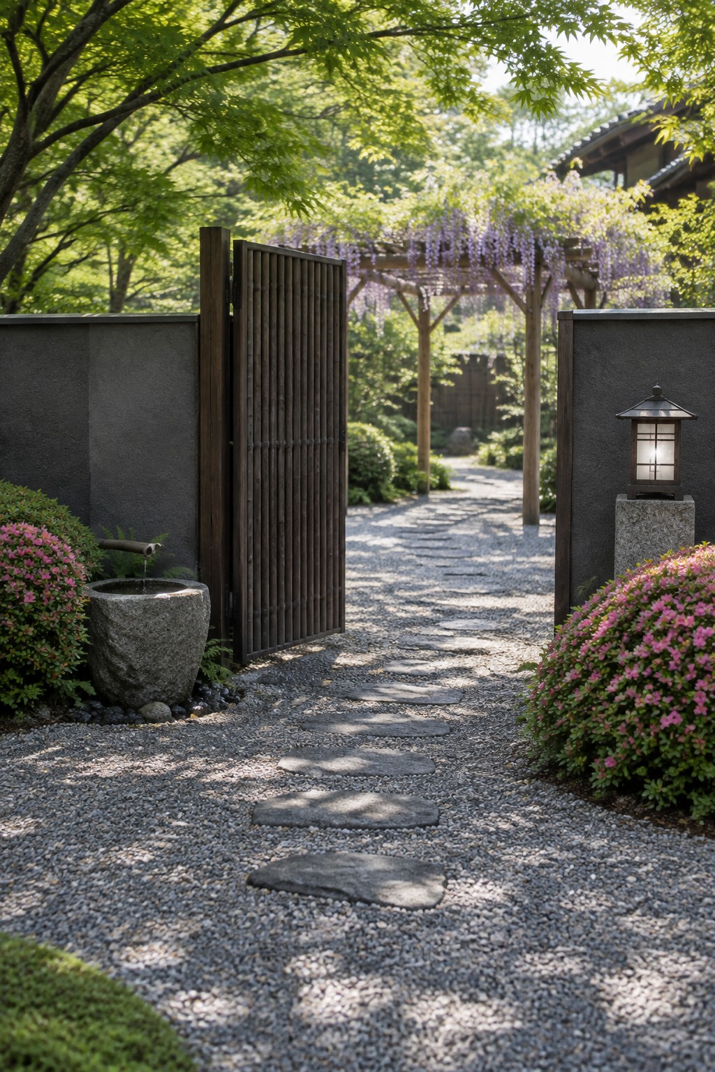 A gravel path with stepping stones leads through an open wooden gate between dark walls, with pink flowering shrubs on both sides and a stone water basin on the left.