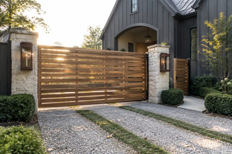Modern wooden gate between stone pillars on gravel driveway of dark gray house