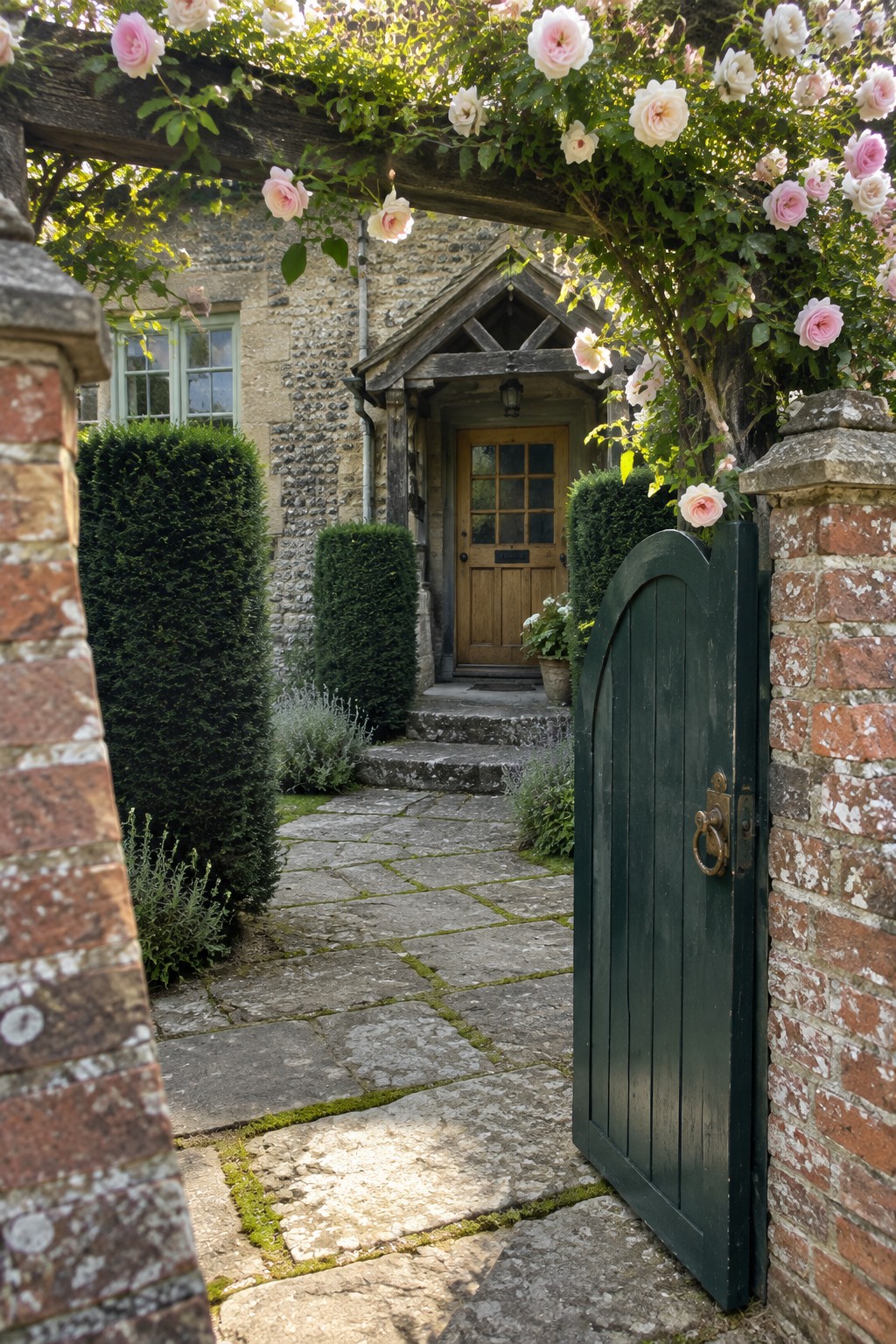 A dark green wooden gate stands open beneath a wooden arch covered in pink and white roses, with a stone path leading to a stone house.