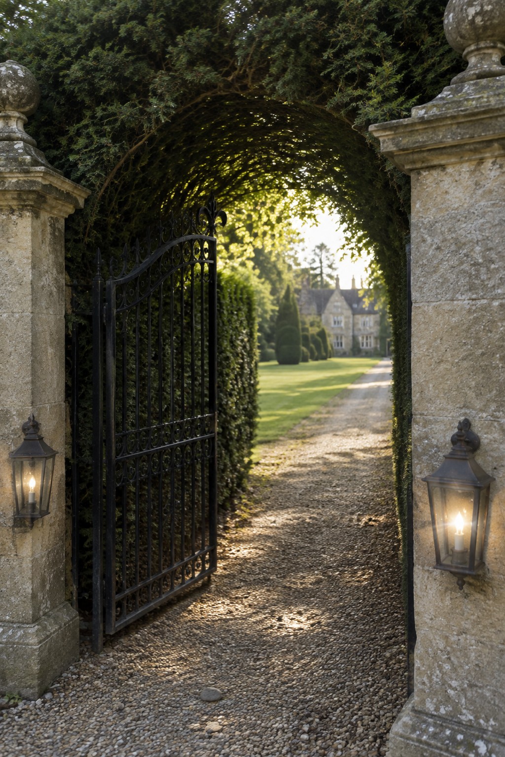 A black wrought iron gate stands open between stone pillars under a thick arched hedge, with a gravel driveway leading toward a house in the distance.