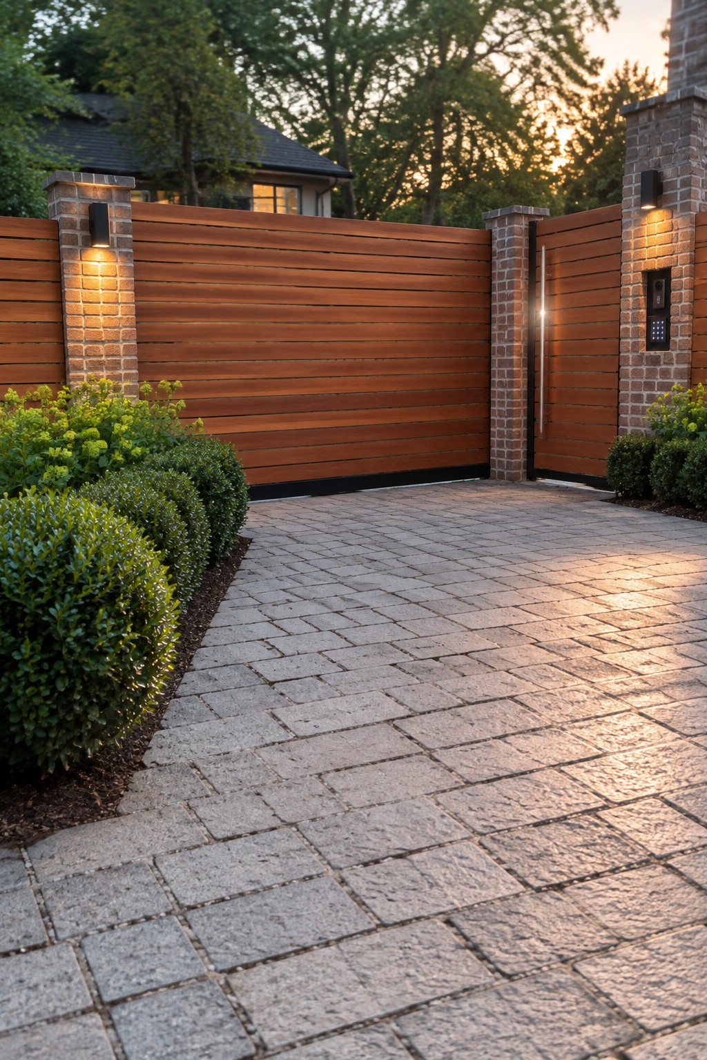 Modern wooden fence with brick pillars, lights, and stone driveway at dusk