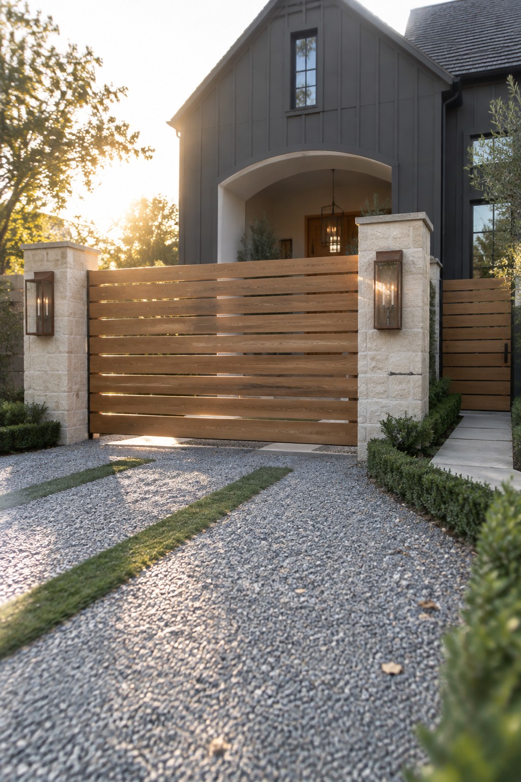 Modern wooden gate between stone pillars on gravel driveway of dark gray house