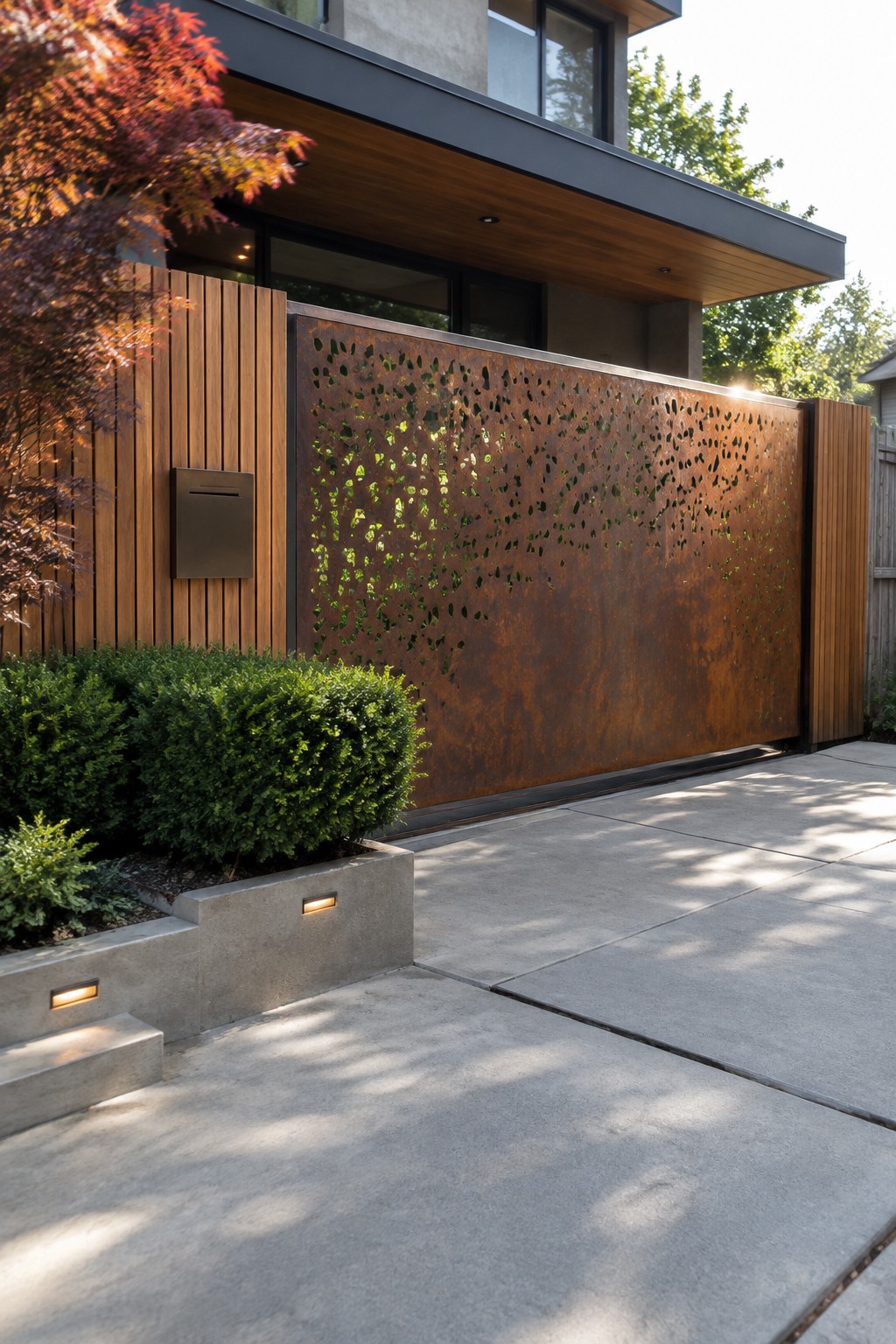 A modern home exterior with a large rusted metal driveway gate featuring irregular cutouts, flanked by vertical wood panels and concrete steps with lights.