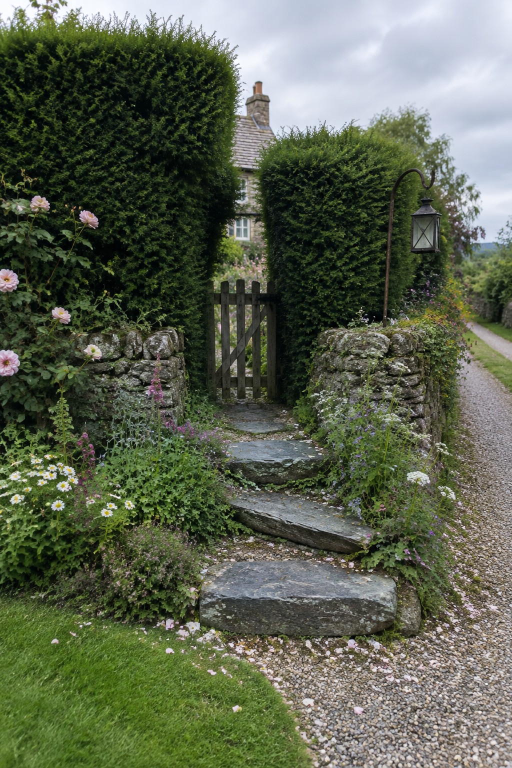A gravel path with stone steps leads to a wooden gate set between two tall clipped hedges on stone pillars, with flowering plants along the base and a house visible in the background.