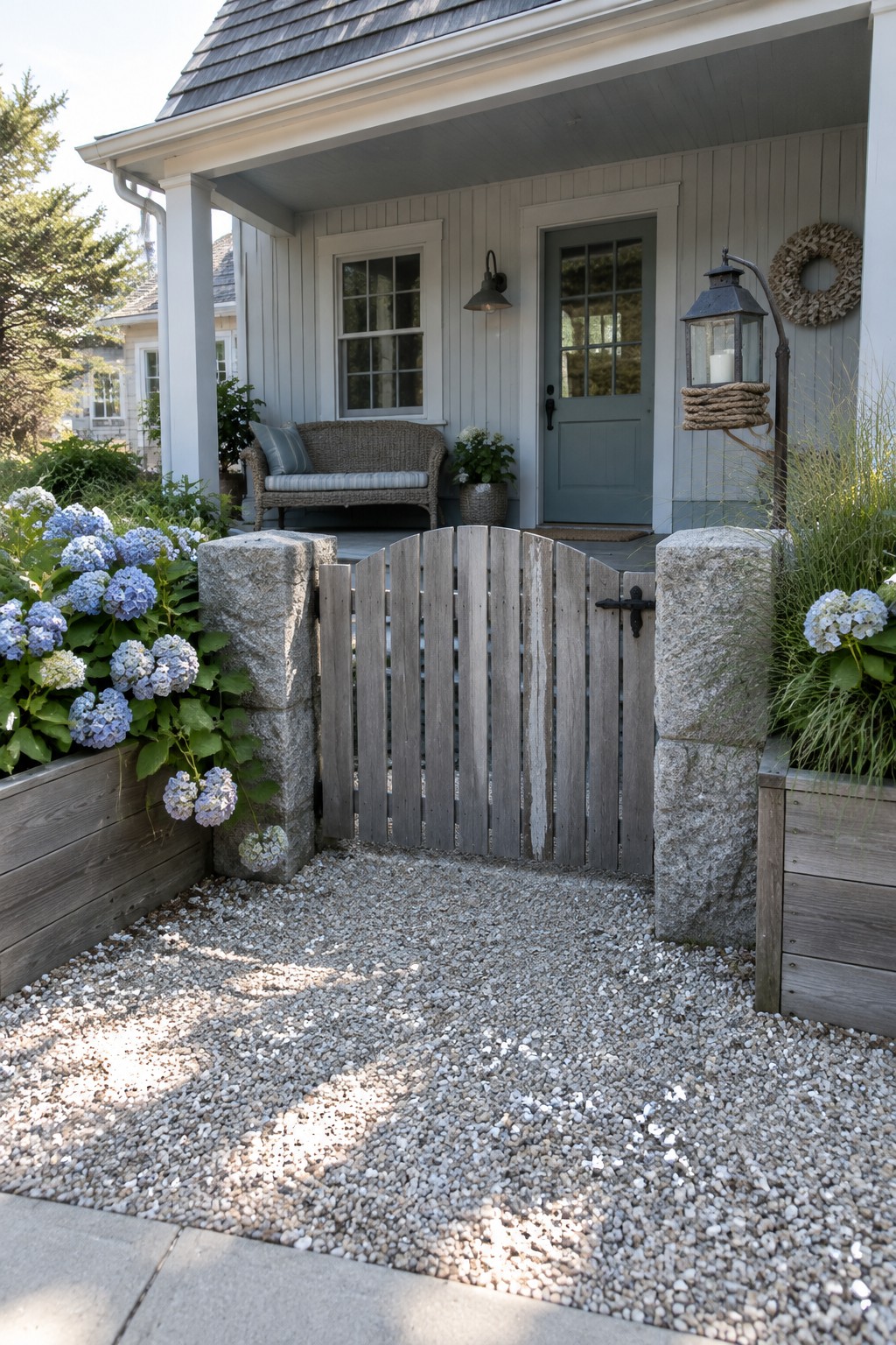 A wooden gate between two stone pillars leads to the front door of a light gray house with blue hydrangeas planted on both sides.