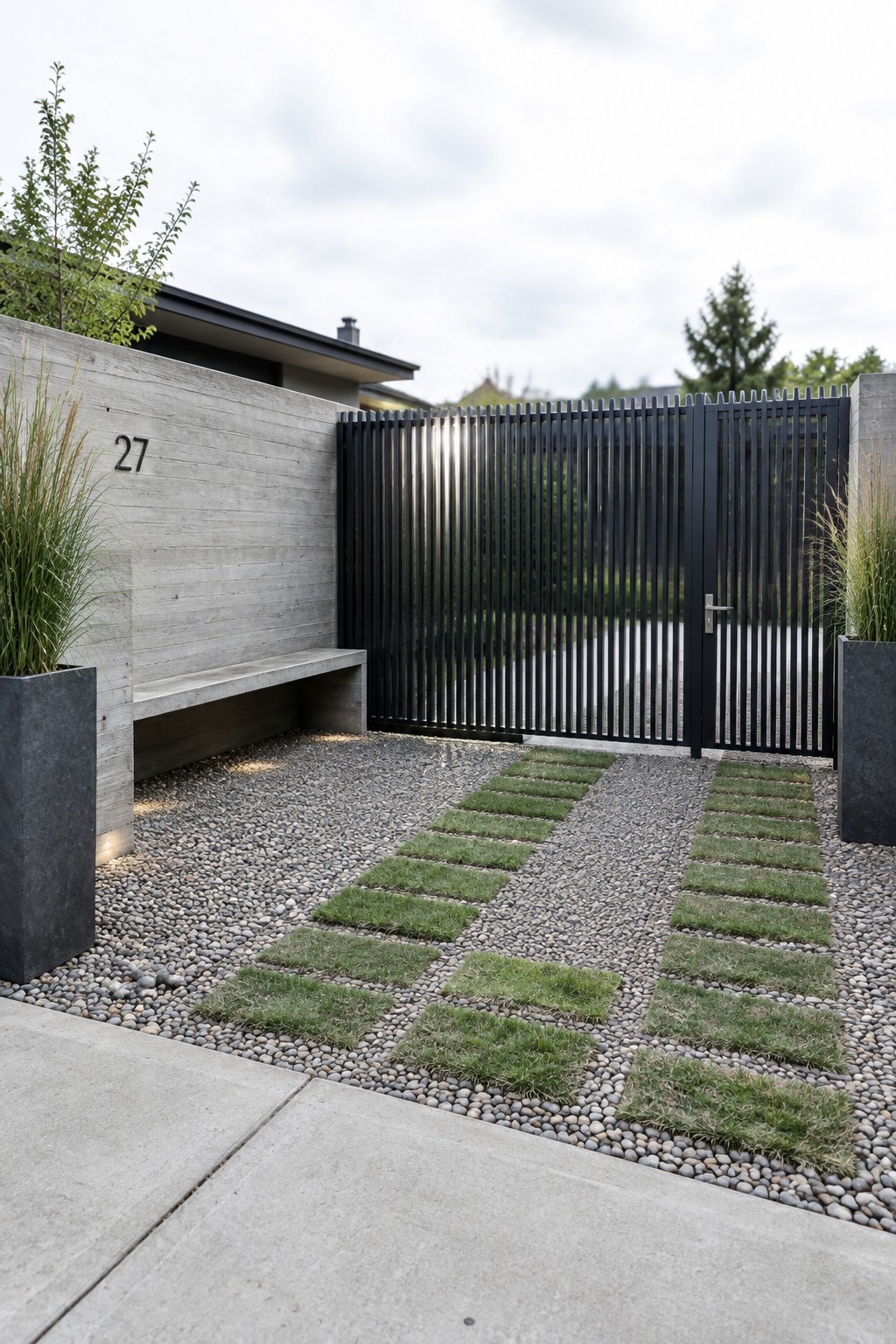 Modern entrance with concrete wall marked 27, black metal gate, and grass pavers