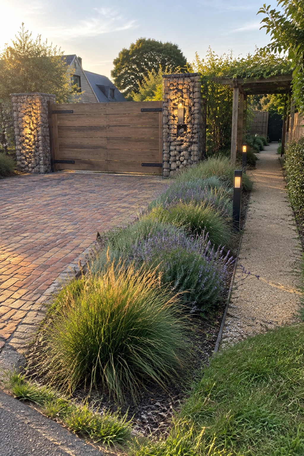 A wooden driveway gate between two tall stone gabion pillars with built-in lights, next to a gravel path lined with grasses and lavender.