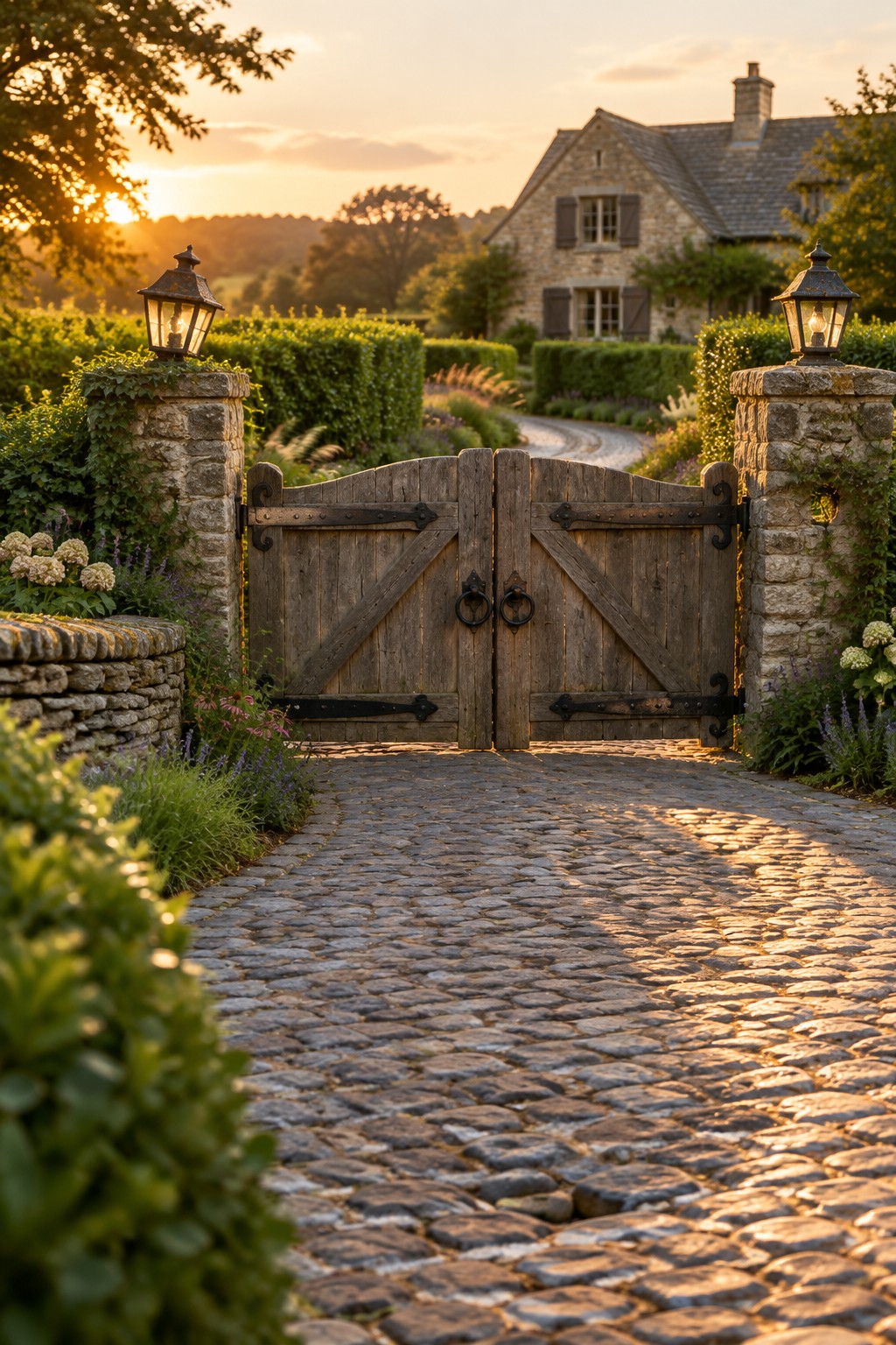 Wooden gates between lantern-topped stone pillars open onto a sunlit cobblestone path to a stone house.