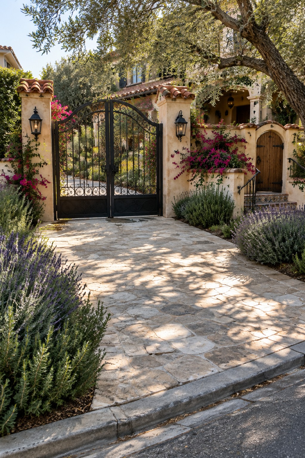 Open black wrought-iron gate on stone path amid bougainvillea and lavender at Mediterranean entrance