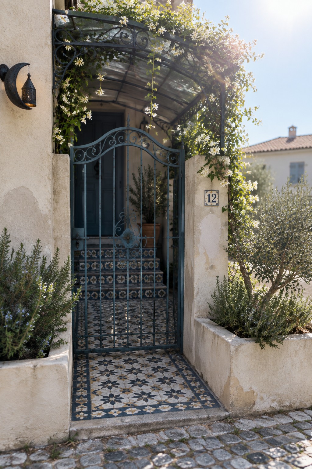A decorative teal metal gate with white climbing flowers over an arched frame, set in a stone wall beside a house entrance with patterned tile steps.