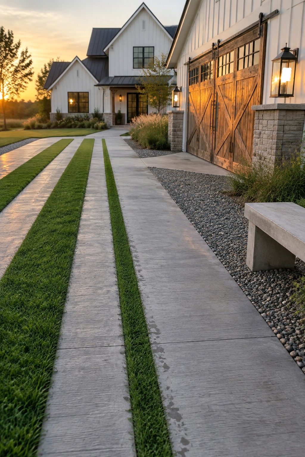 A modern white house with a concrete driveway featuring three parallel strips of grass running down the center, flanked by gravel on one side and a wooden barn-style garage door on the right.