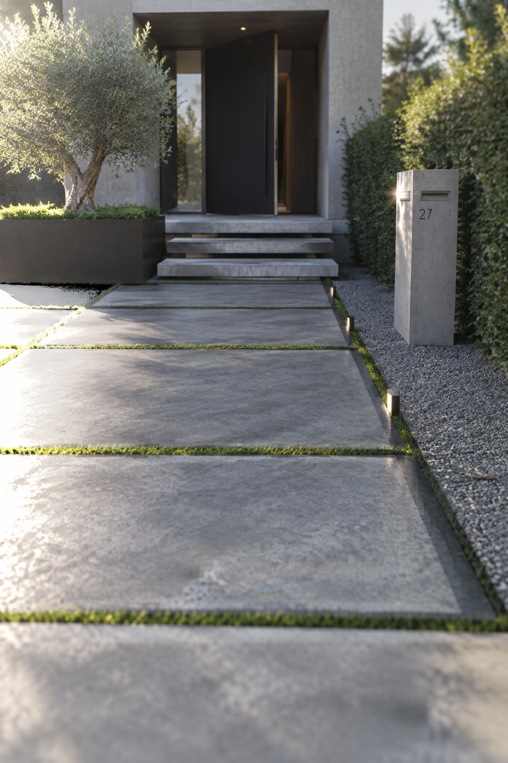Modern concrete driveway made of large rectangular pavers with grass strips between them, leading to dark front steps and door, with a concrete mailbox post labeled 27 on the right.