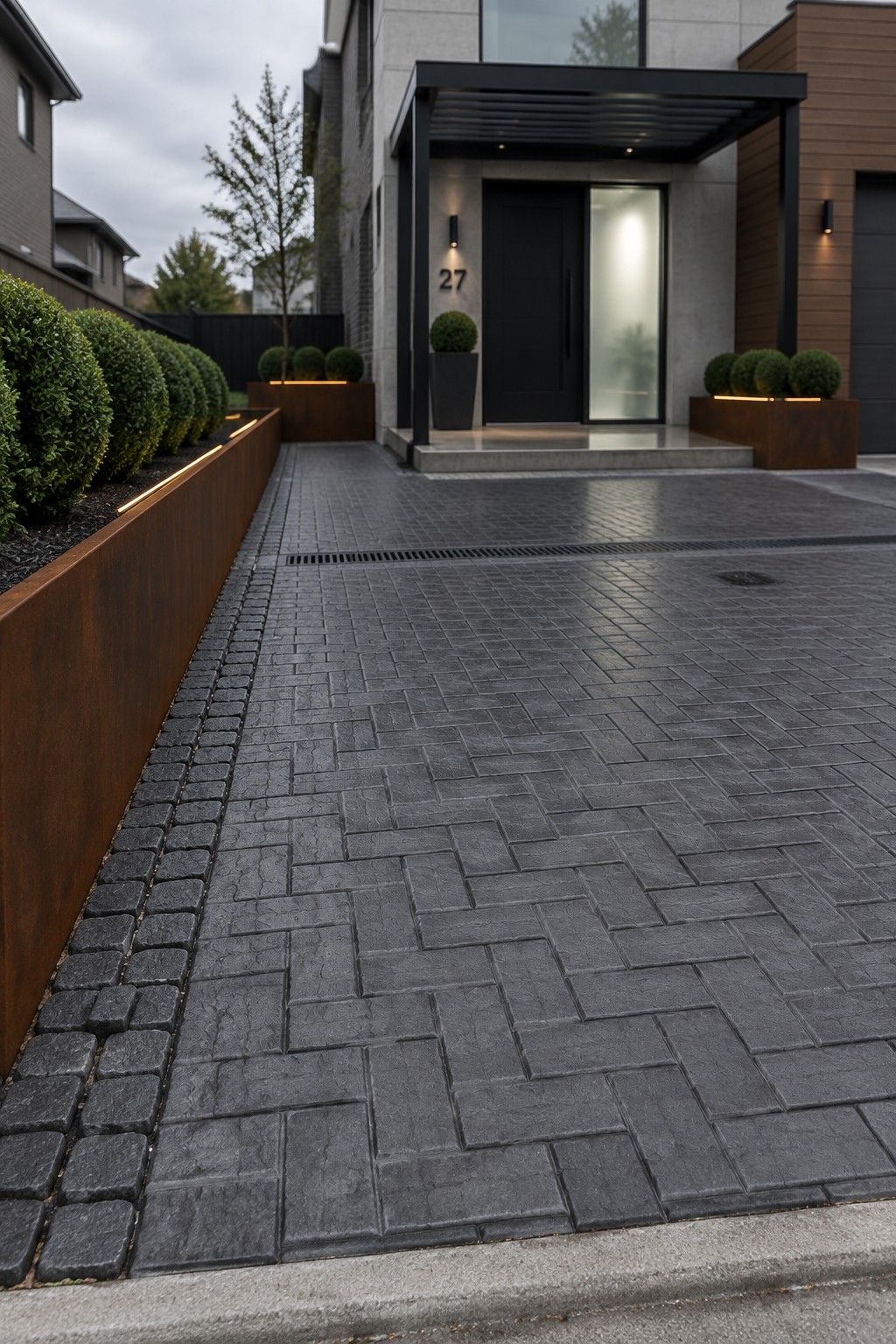 A modern home entrance with a dark gray herringbone stamped concrete driveway bordered by rusted metal planters and rounded shrubs.