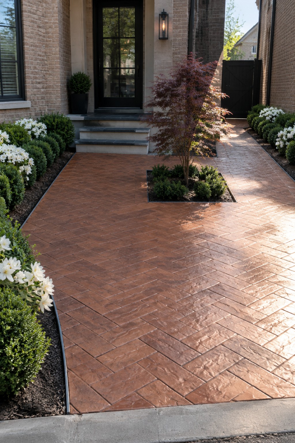 A herringbone patterned stamped concrete driveway in reddish brown leads to the front entrance of a brick house, bordered by shrubs and flowers.