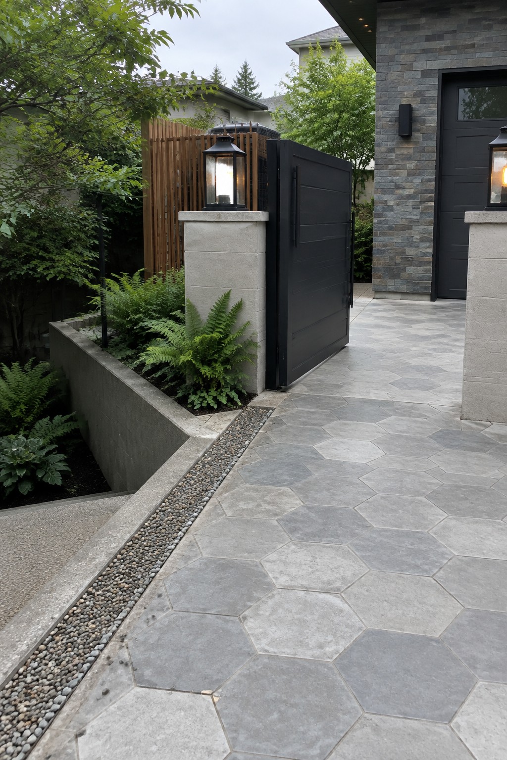 A modern home driveway paved in gray hexagonal stamped concrete tiles, with a black metal gate between concrete pillars, lanterns, and a gravel border beside ferns.