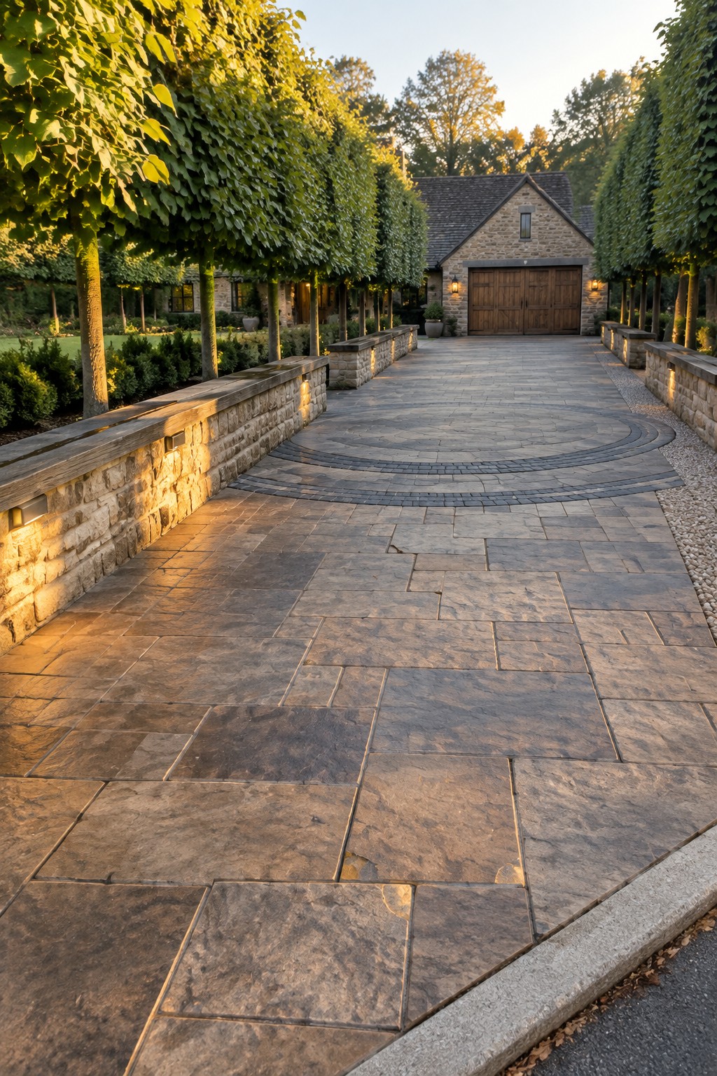 A long driveway of brown stamped concrete with a large circular pattern at the far end, flanked by low stone walls with lights and rows of tall trees on both sides.